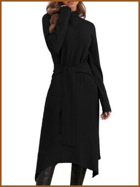 Tie Waist A-Line Turtleneck Long Sleeve Winter Sweater Dress Midi
